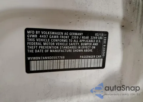 2013 Volkswagen Cc Sport from USA, damaged, VIN WVWBN7AN9DE557768